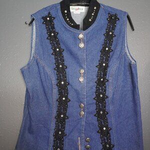 Green Field Womens Blue Denim Button Down Laced Sleeveless Jean Vest Size Large
